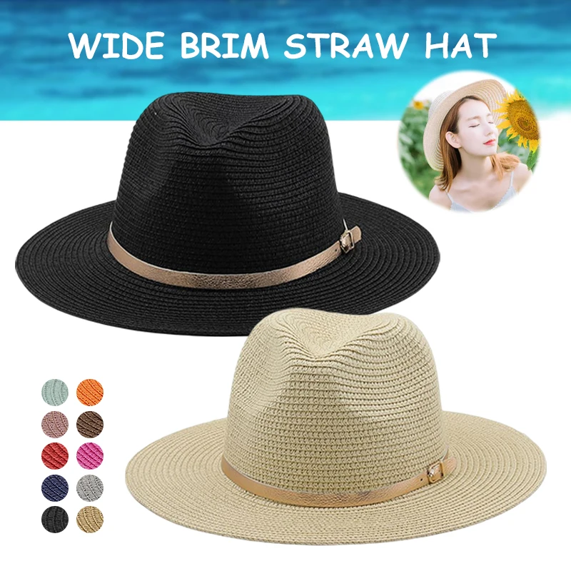 

Womens Summer Straw Hat Beach Holiday Beach Hats Gold Belt Decoration Fedora Cap Fashion Outdoor Sun Shading Jazz Caps Unisex