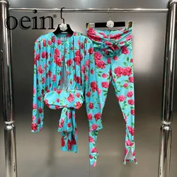 Oein  Spring Summer New O Neck Long Sleeve Hollow Out Printing Shirt + High Waist 3D Flower Stretch Pants Two-piece Sets