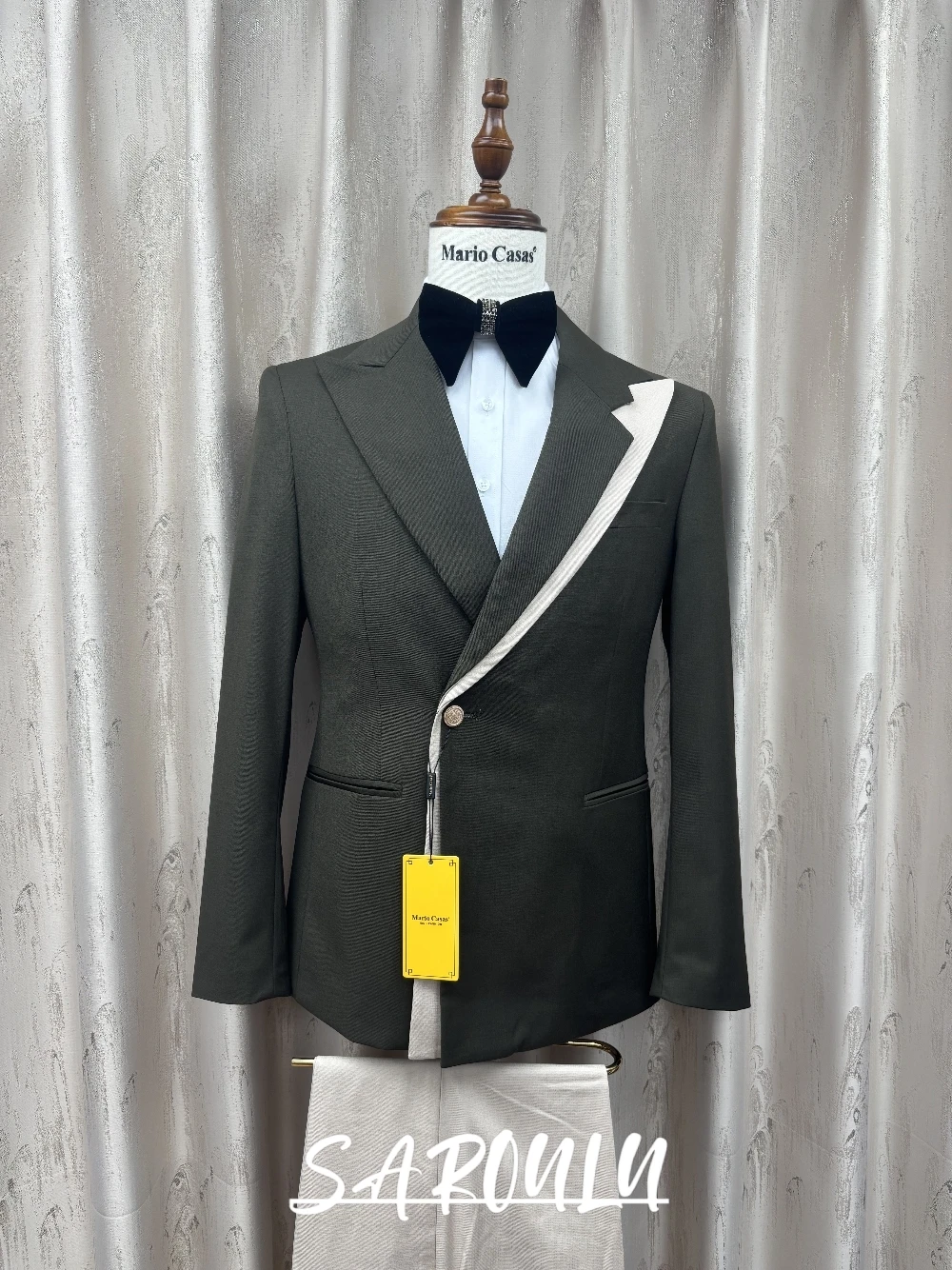 Fashion Asymmetric Men Tuxedo Suit Olive Green Contrast Trim Peak Lapel 2 Piece Slim Fit Blazer Pants Set Groom Wedding Party