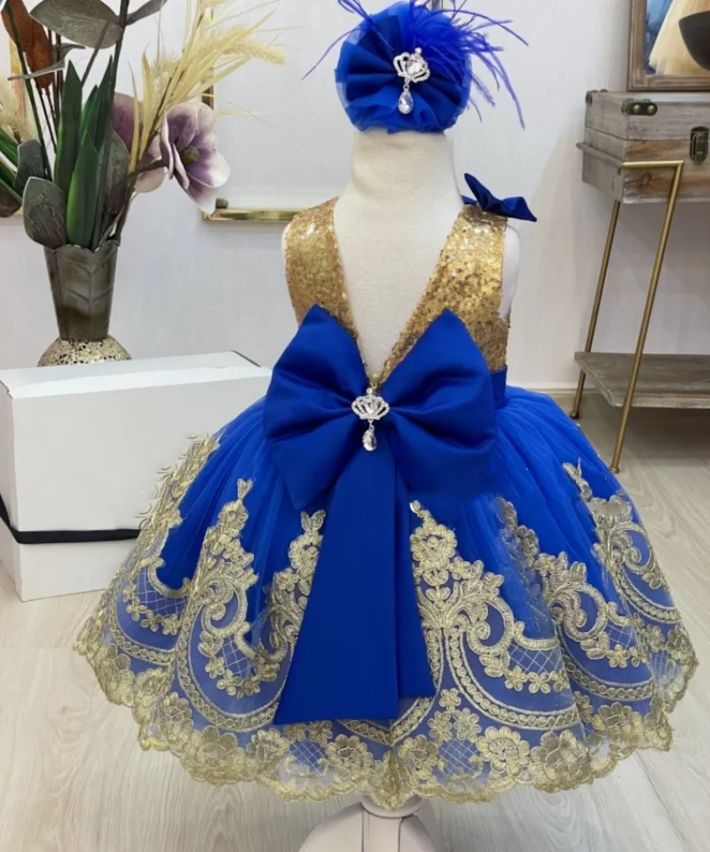 

Royal Blue Baby Girls First Birthday Gown Gold Lace Sequins O Neck Princess Flower Girl Dress Infant Toddler Tutu Outfit 12M 24M