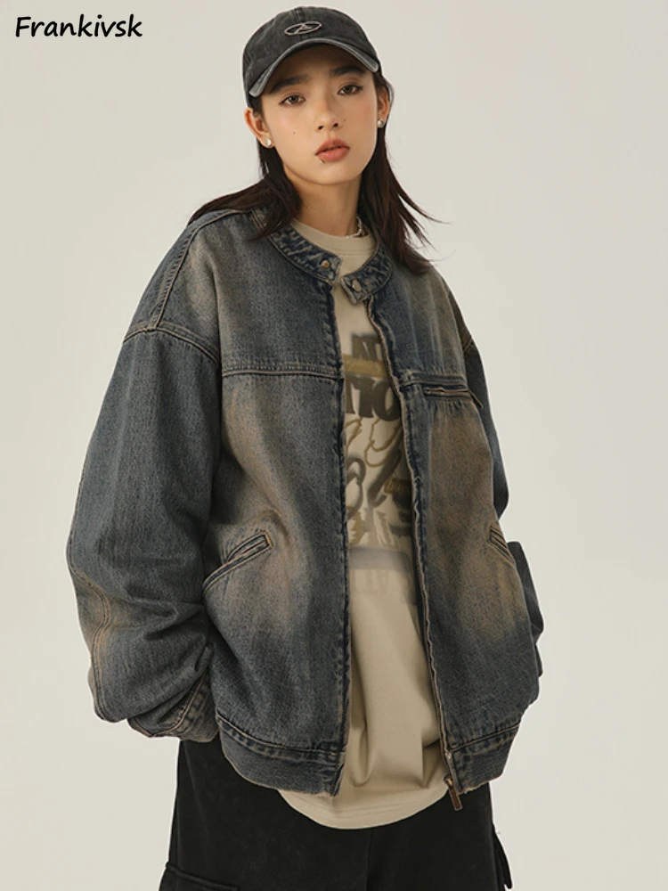 

Jackets Women Retro Nostalgic Washed Autumn Baggy American Style High Street All-match Hip Hop Popular Denim Couple Overcoats