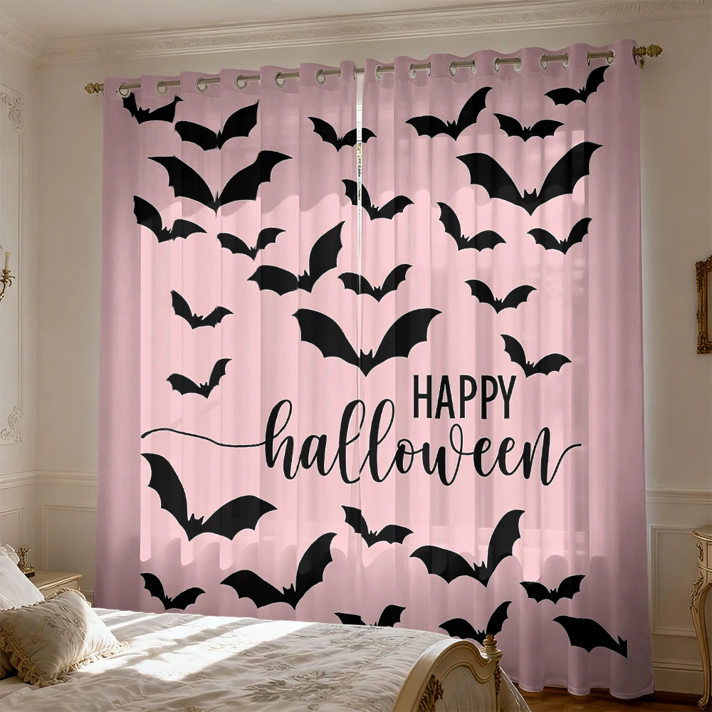 2pcs bat-themed Happy Halloween blackout curtains, suitable for living rooms bedrooms home decoration