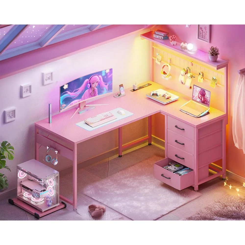 L Shaped Gaming Desk with Drawers & LED Light & Power Outlet, 43" Reversible Computer Table with Shelves & Hooks for Home Offic