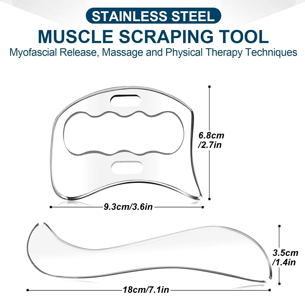 Alat pijat Gua Sha baja tahan karat alat pengeruk otot 2 in 1 Set alat Graston untuk pelepasan myofascial, pemijat tisu bekas luka