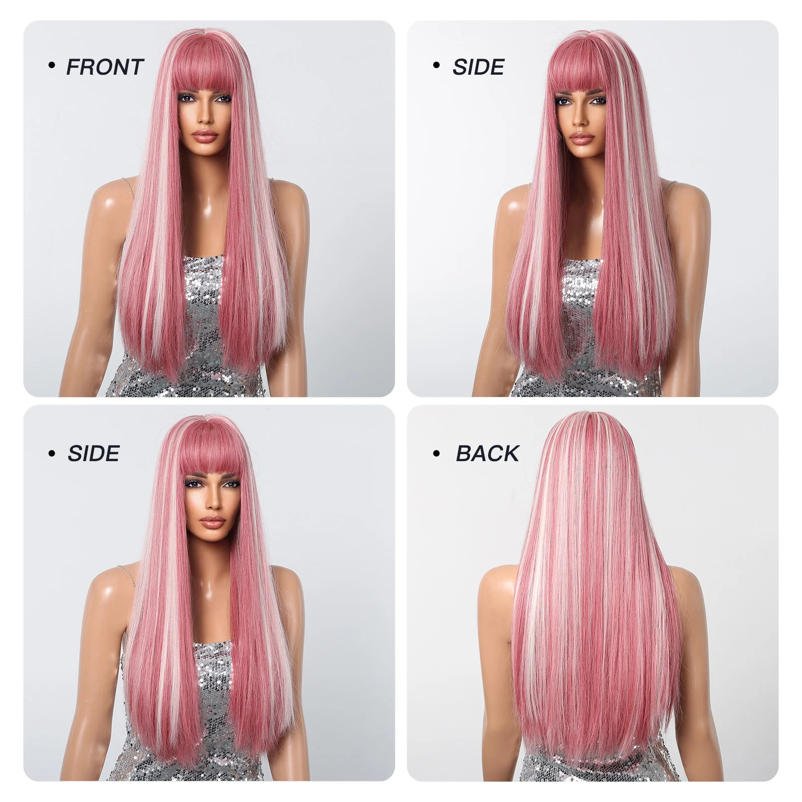 Pink Mixed White Blonde Synthetic Long Silky Straight Wig with Bangs Cosplay Costume Hairs Natural Women Wig High Temperature