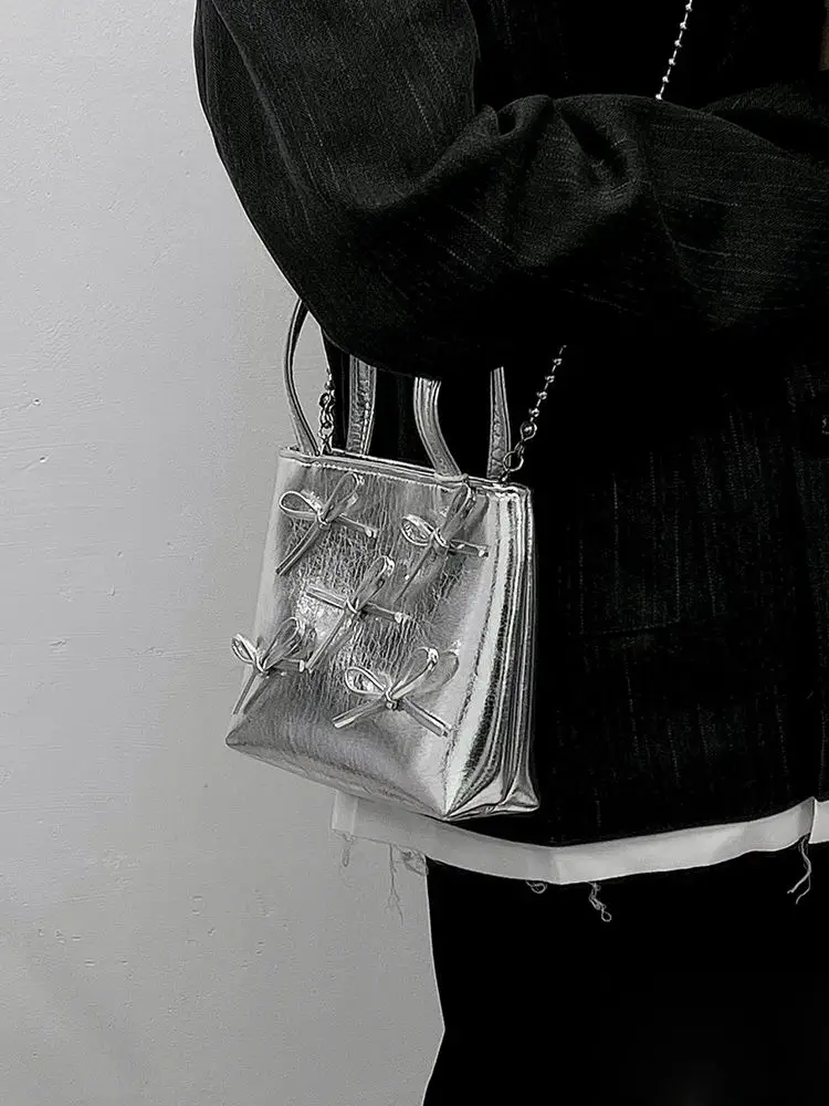 Korean Fashion Sweet Bow Silver Bags Women Pu Leather Commuter Shoulder Crossbody Bag