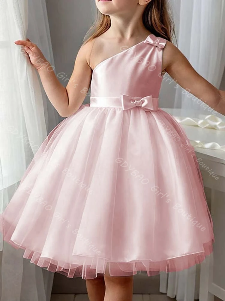 Vestido de corte A/princesa personalizado para niñas, vestido de satén con lazo, un hombro, sin mangas, hasta la rodilla, vestido de flores para niñas, vestido de fiesta para niños