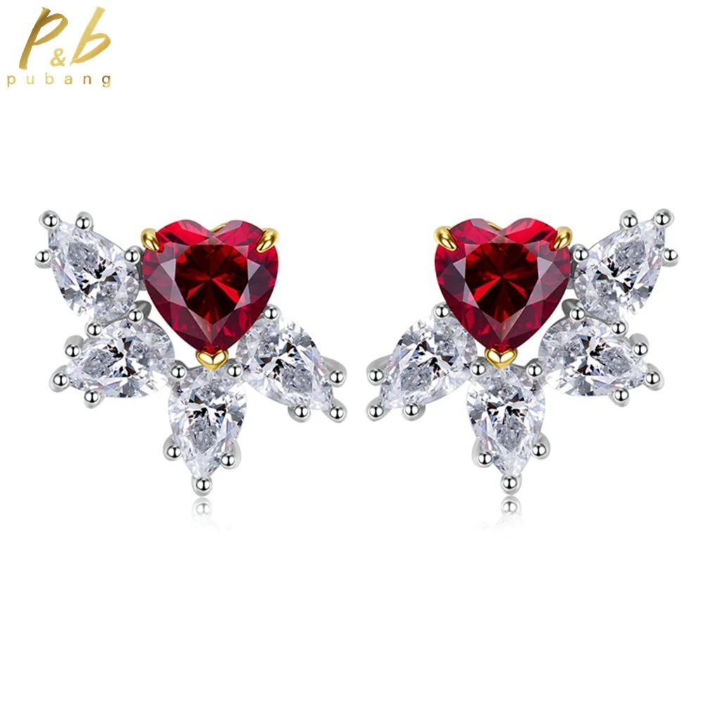 

PuBang Fine Jewelry 925 Sterling Silver Ruby Sapphire Created Moissanite Luxury Stud Earrings for Women Party Gift Drop Shipping