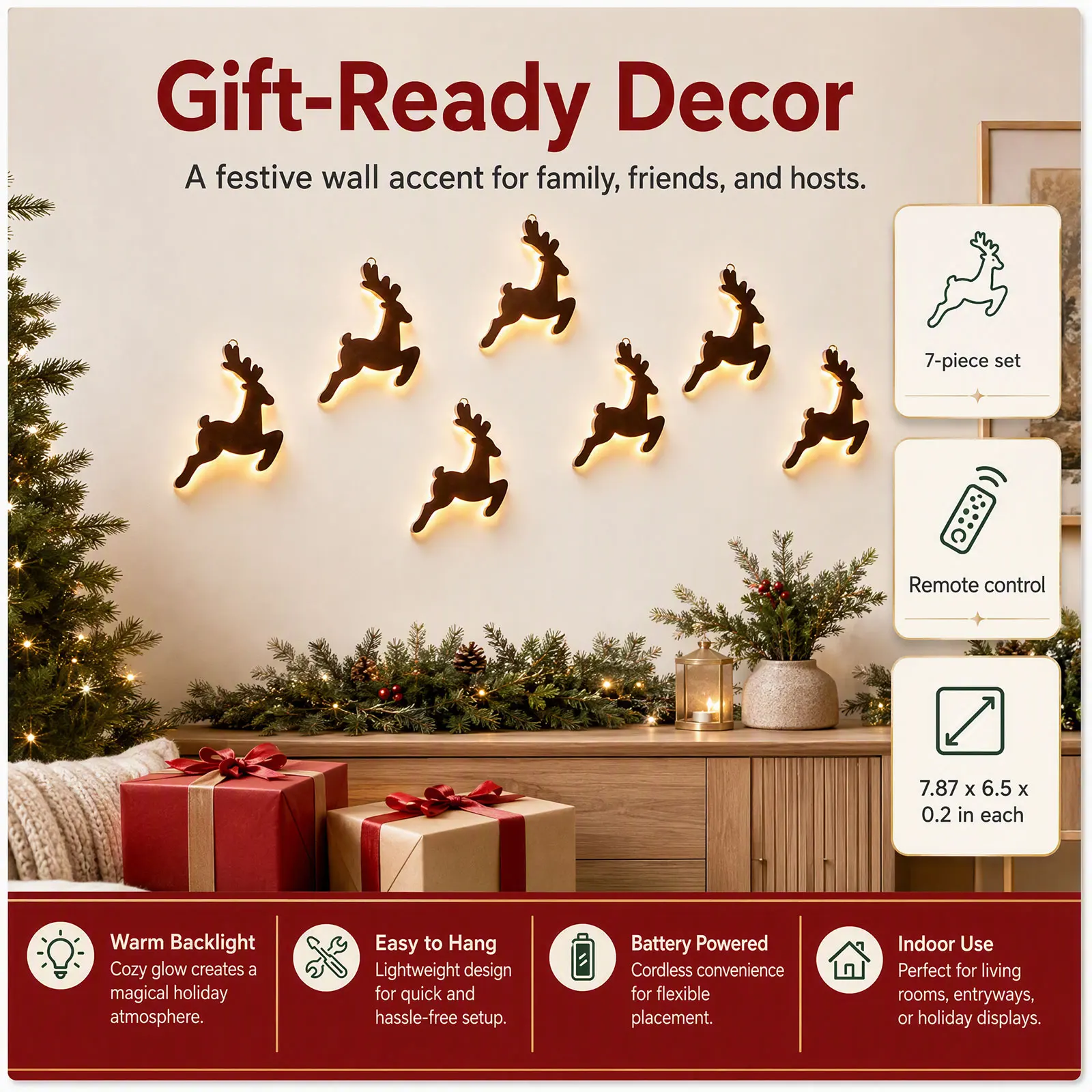 Wooden Reindeer Wall Decor 7PCS LED Light Up Christmas Holiday Decoration with Remote Control