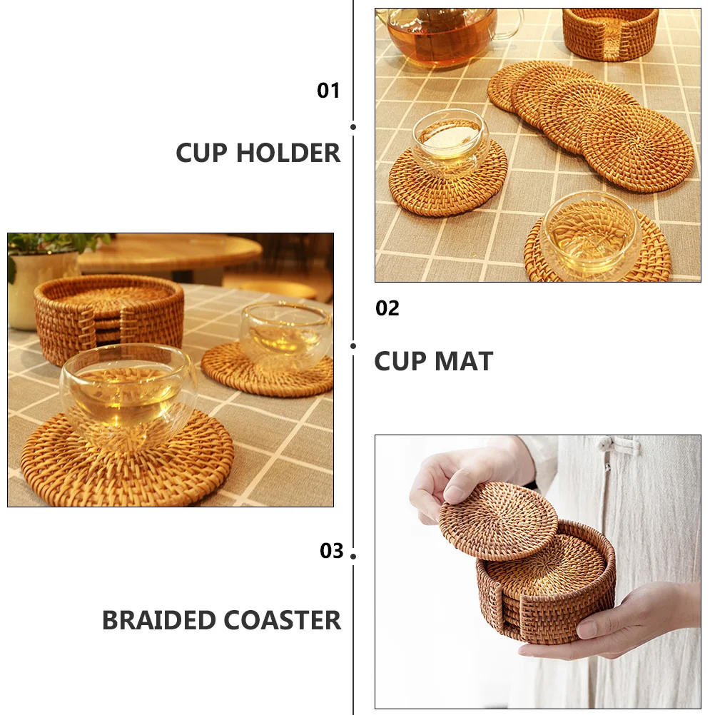 

1 set Rattan Coasters Set Braided Cup Holder Heat Resistant Coaster Woven Tea Mat Khaki Pad Table Protection Anti Slip Placemat