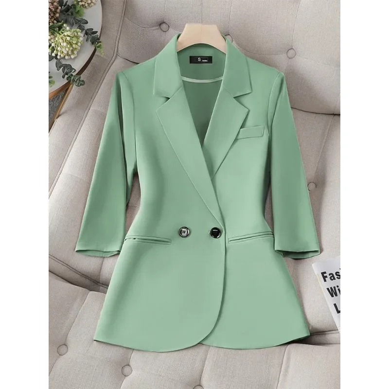 Spring Summer Women Ladies Blazer White Green Yellow Black Coffee Female Half Sleeve Solid Formal Jacket Coat