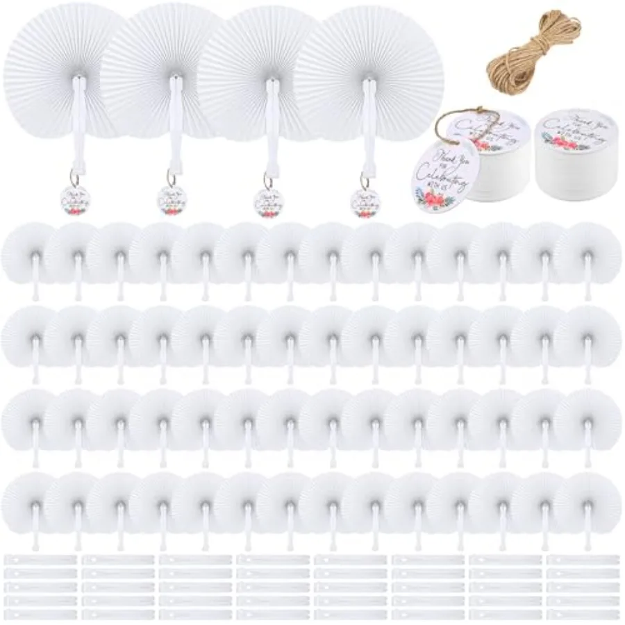 

MCEAST 100 Pack White Folding Handheld Paper Fans with Tags, Round Shaped Wedding Paper Fans with Plastic Handle for Wedding Fa