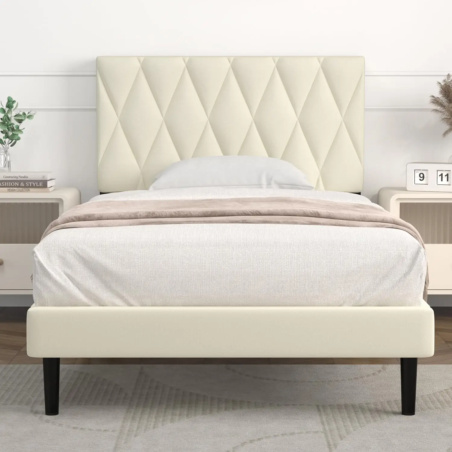 

IYEE NATURE Twin Bed Upholstered Platform with Headboard and Strong Wooden Slats, Strong Weight Capacity, Non-Slip,No Box