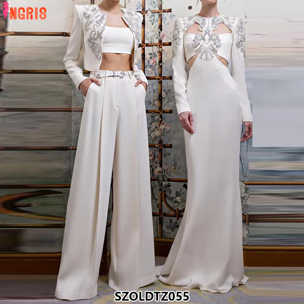 

Elegant Solid Beaded Jacket High Waist Straight Pants Women's Formal Two Piece Suit Blazer Women's Suit-SZOLDTZ055