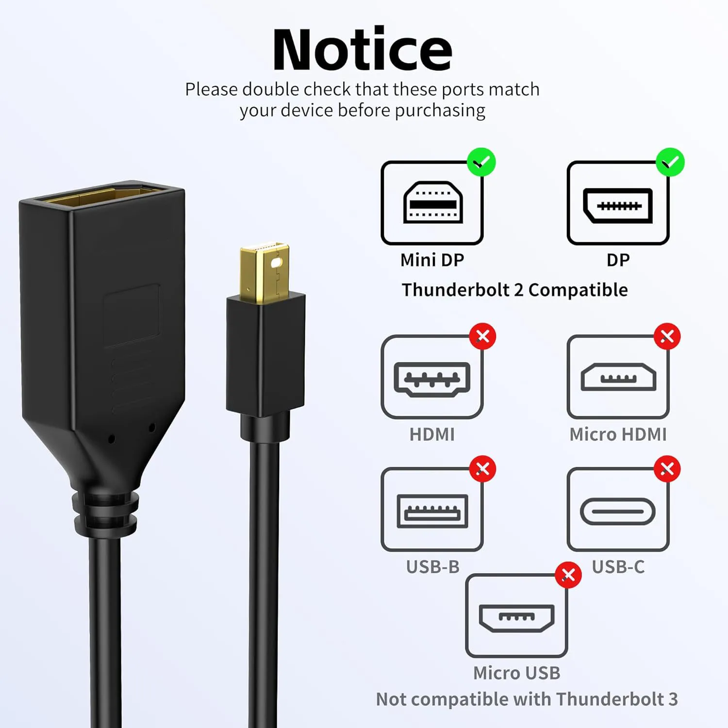 8K@60Hz Mini DisplayPort to DisplayPort Cable Mini DP to DP Adapter Mini Display Port Male to Display Port Female Thunderbolt 2