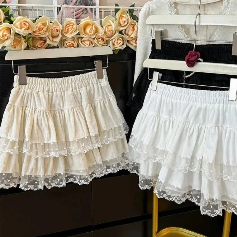 Sweet Mini Cake Skirts for Women  Kawaii All Match Lace Patchwork Skirt Female Chic Elastic High Waist Slim A-line Skirts Mujer