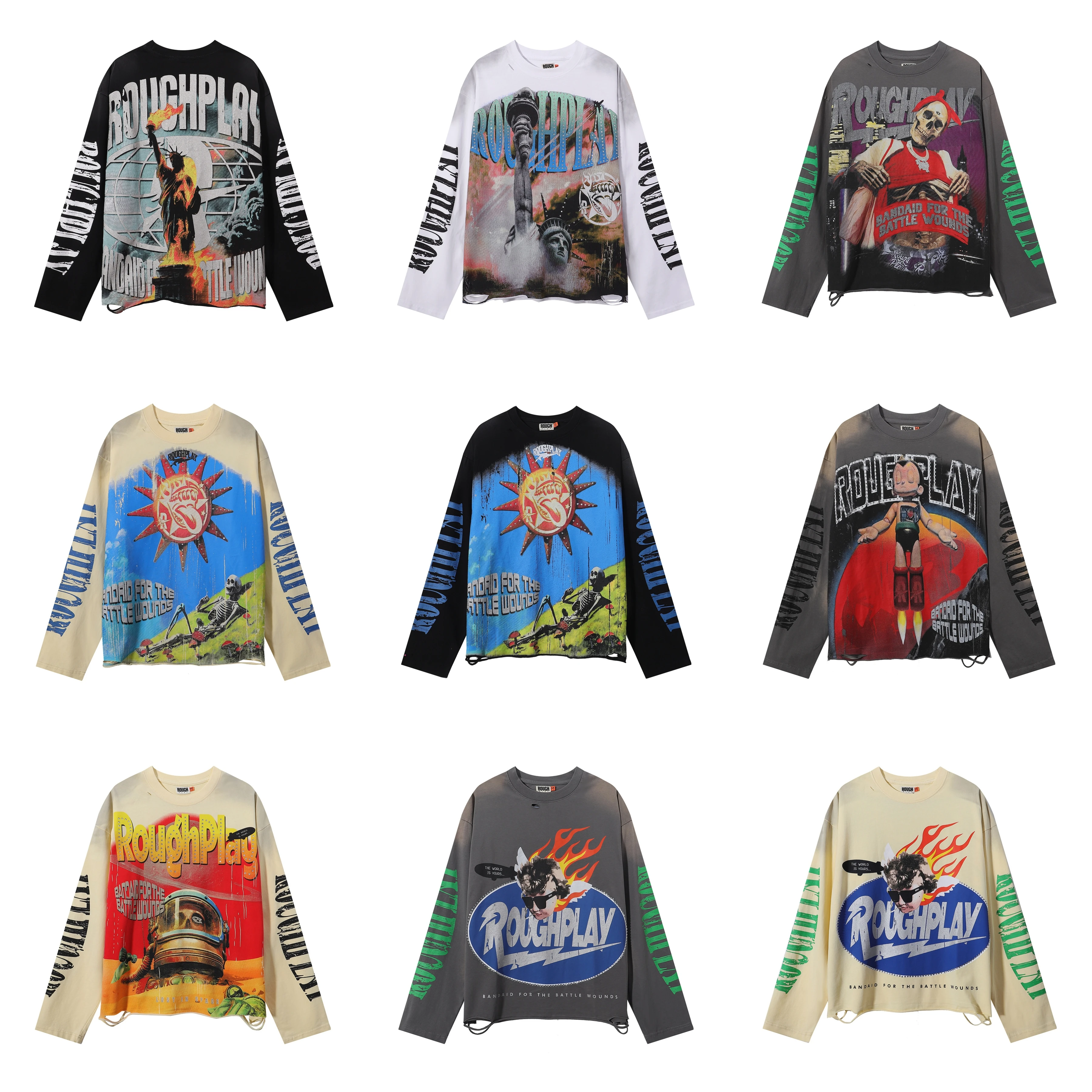 Retro American High Street Abstract Skeleton Print Men's Long Sleeve T-Shirt Loose Casual Base Layer Autumn Season Cotton Tee