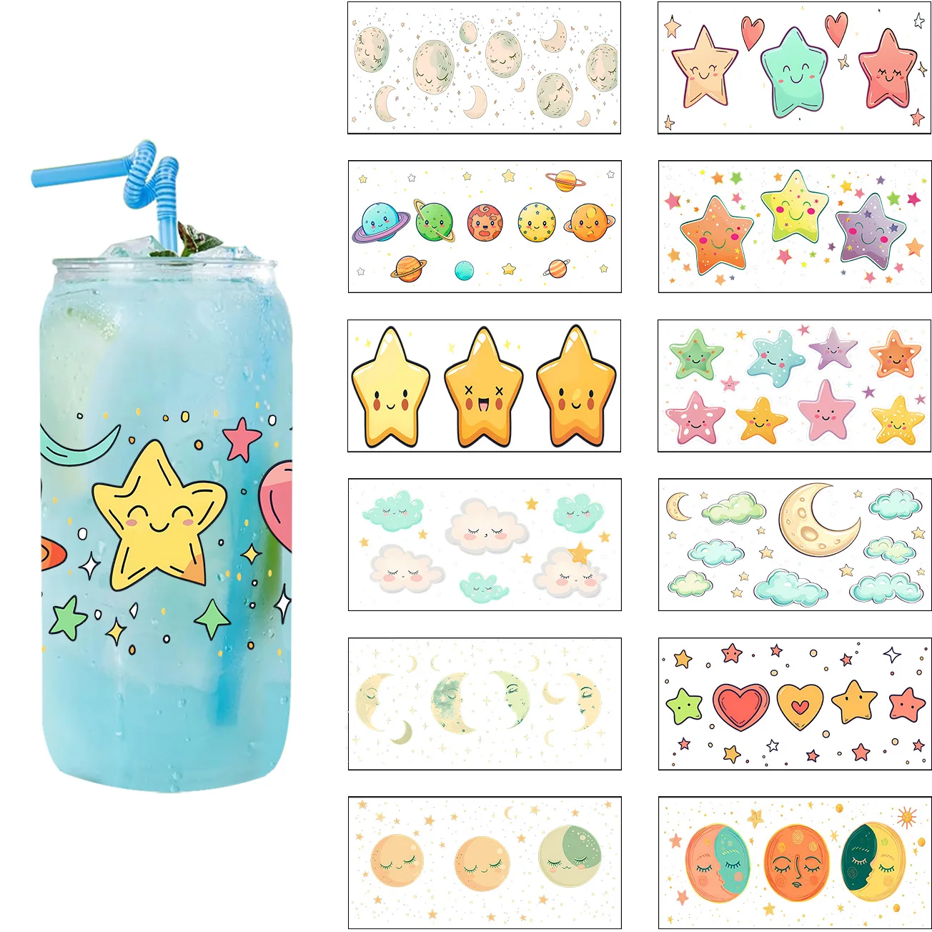 UV DTF 3D Sticker for 16oz Libbey Cup Waterproof Vinyl Decal Transfer Sticker Cup Wraps DIY Star Moon Craft Designs Collection