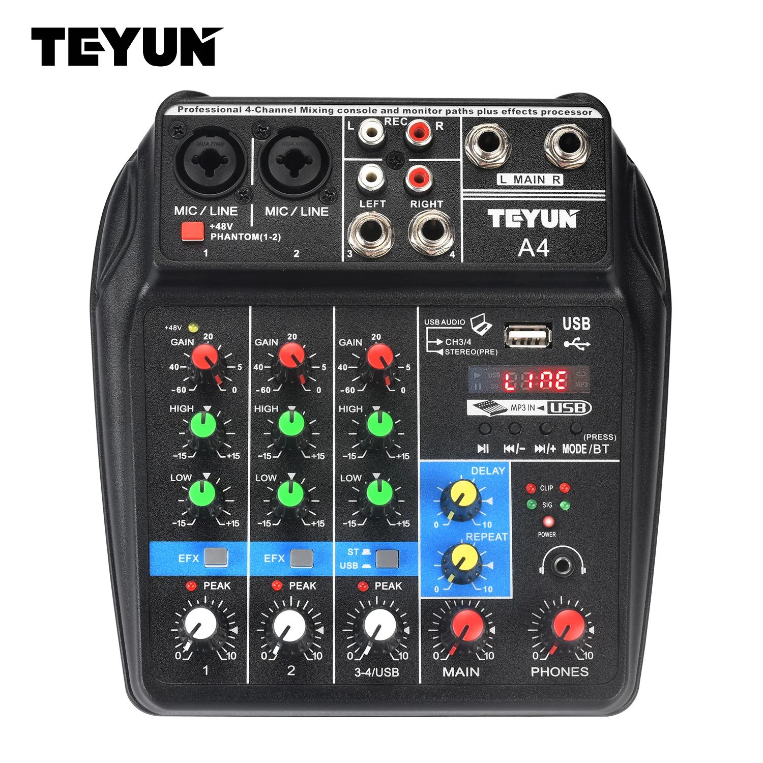 TEYUN Portable Audio Mixer Effect 4 Channel 48V Bluetooth Mini Sound Console USB Play Music Record Broadcast Mixing Table A4