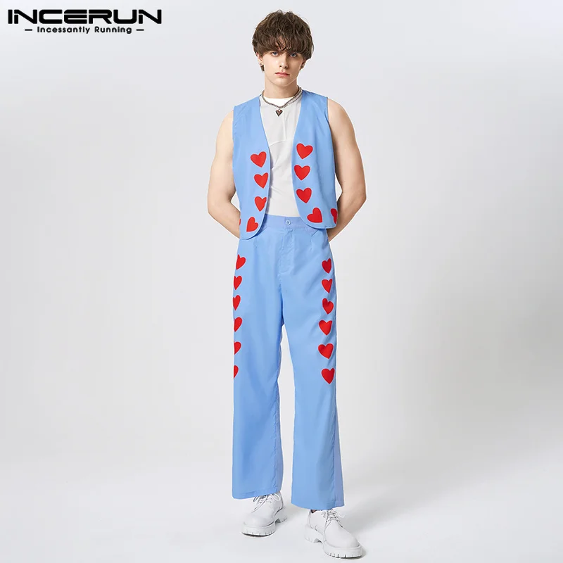 INCERUN Men Sets Printing V Neck Sleeveless Open Stitch Vests & Straight Pants 2PCS Streetwear 2023 Fashion Men\'s Suits S-5XL