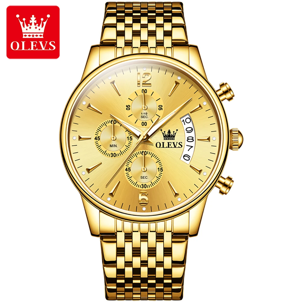 OLEVS 2867 reloj dorado para hombre, reloj clásico de acero inoxidable resistente al agua con luz nocturna, temporizador multifuncional, reloj de cuarzo para hombre de alta calidad