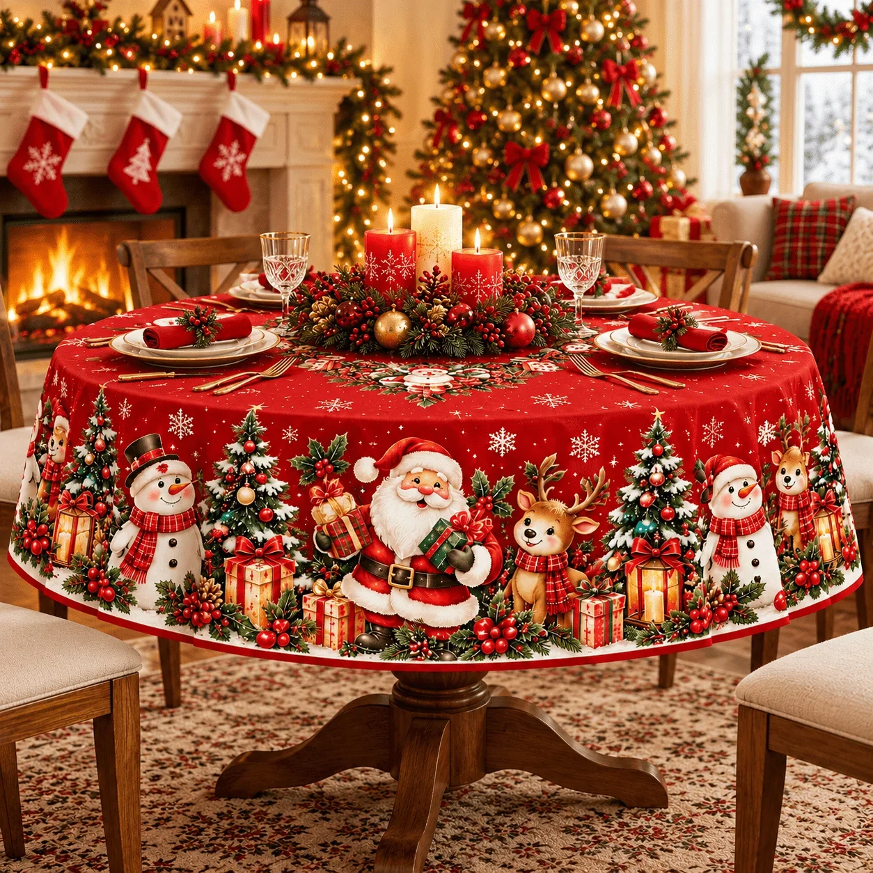 1 round tablecloth, Christmas red printed tablecloth, Santa Claus, snowman, elk, Christmas tree, gift box and snowflake pattern
