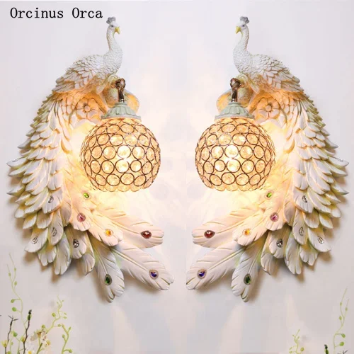 New creative Colorful Peacock crystal wall lamp living room corridor bedroom bedside lamp American  Phoenix wall lamp