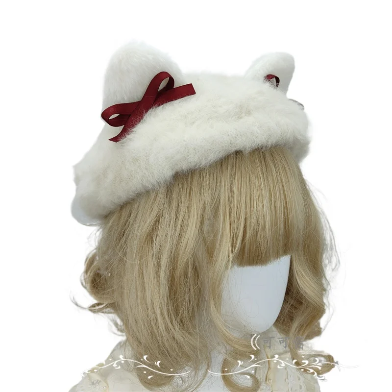 Original design lolita cute soft girl hat plush bear ear Cat's ears (Steamed cat-ear shaped bread) beret autumn and winter hair