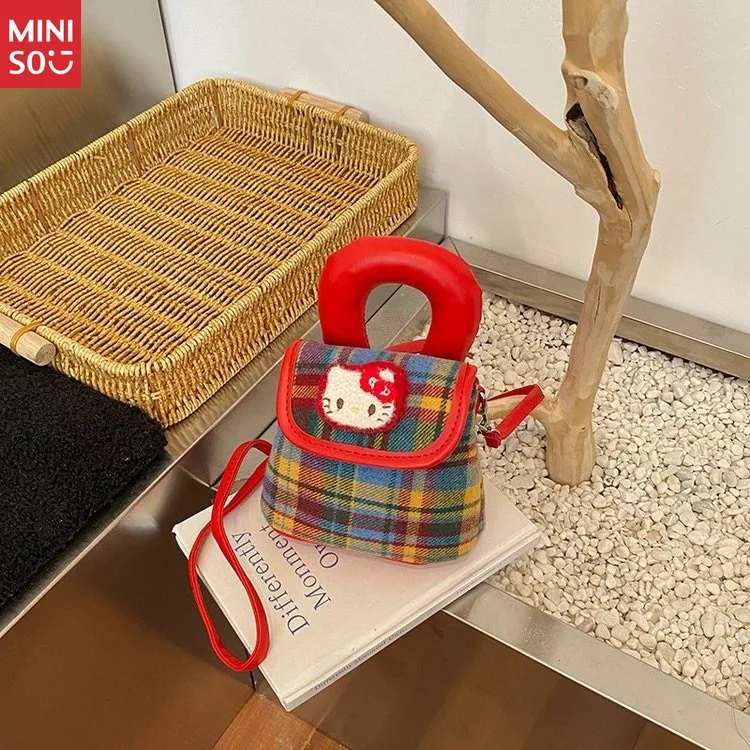 

Miniso Korean Retro Plaid Hello Kitty Mini Bag, Cute Cartoon Crossbody & Shoulder Purse