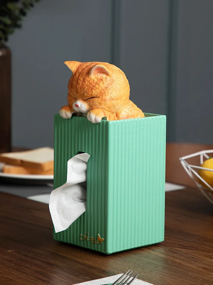 Creativity Orange Cat Square Tissue Box Resin Crafts Living Room Coffee Table Dining Table Tissue Box Holder Home Decorations