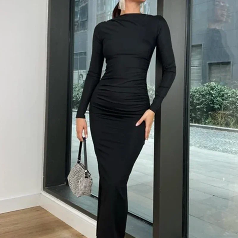 

Elegant O Neck Long Sleeve Dress Female Solid Color Pleated Bodycon Party Dress Autumn Spring Commute Hip Wrap Draped Long Dress