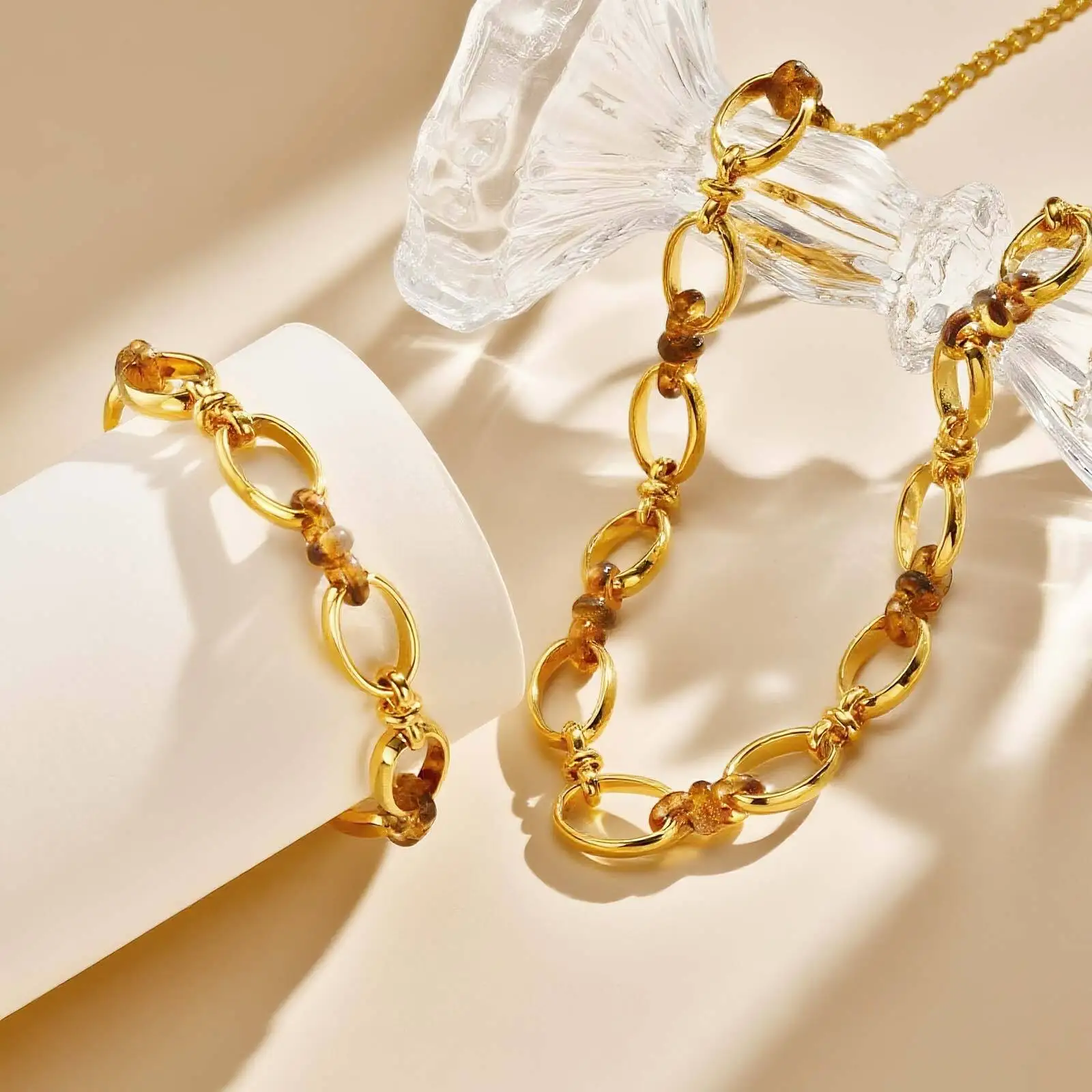 

Vnox Chunky Stainless Steel Jewelry, New Chain Necklace Bracelet For Women, 2025 Autumn Wear Brown Resin Link Sweater Chain