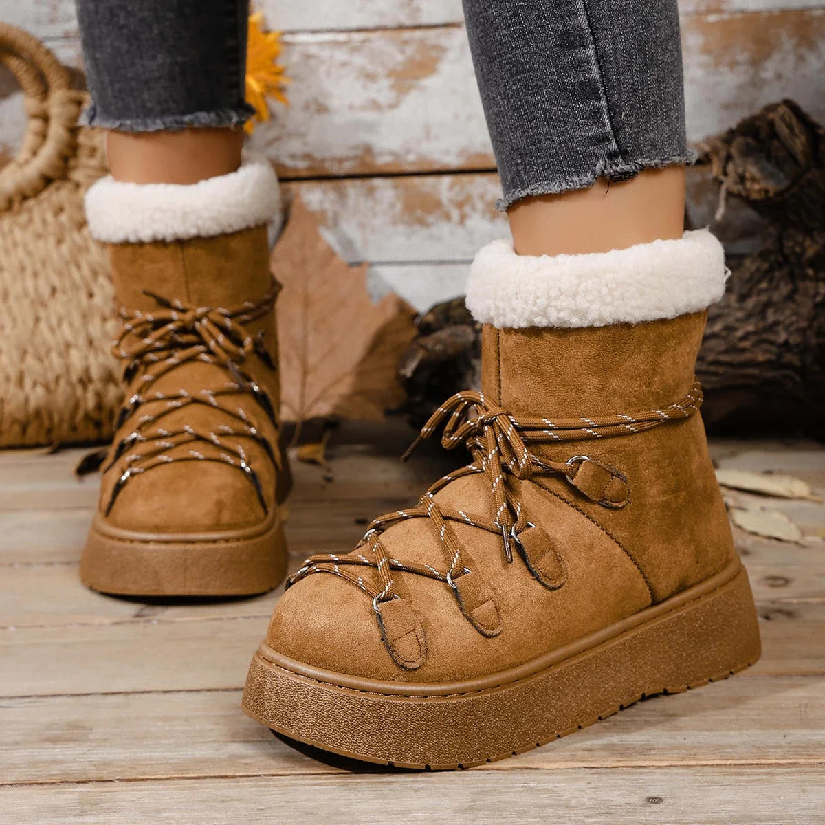 

2026 Autumn and Winter New Thick-soled Cross-tie Snow Boots Thickened Mid-length Over-the-knee Warm Women's Boots Plus Size 42