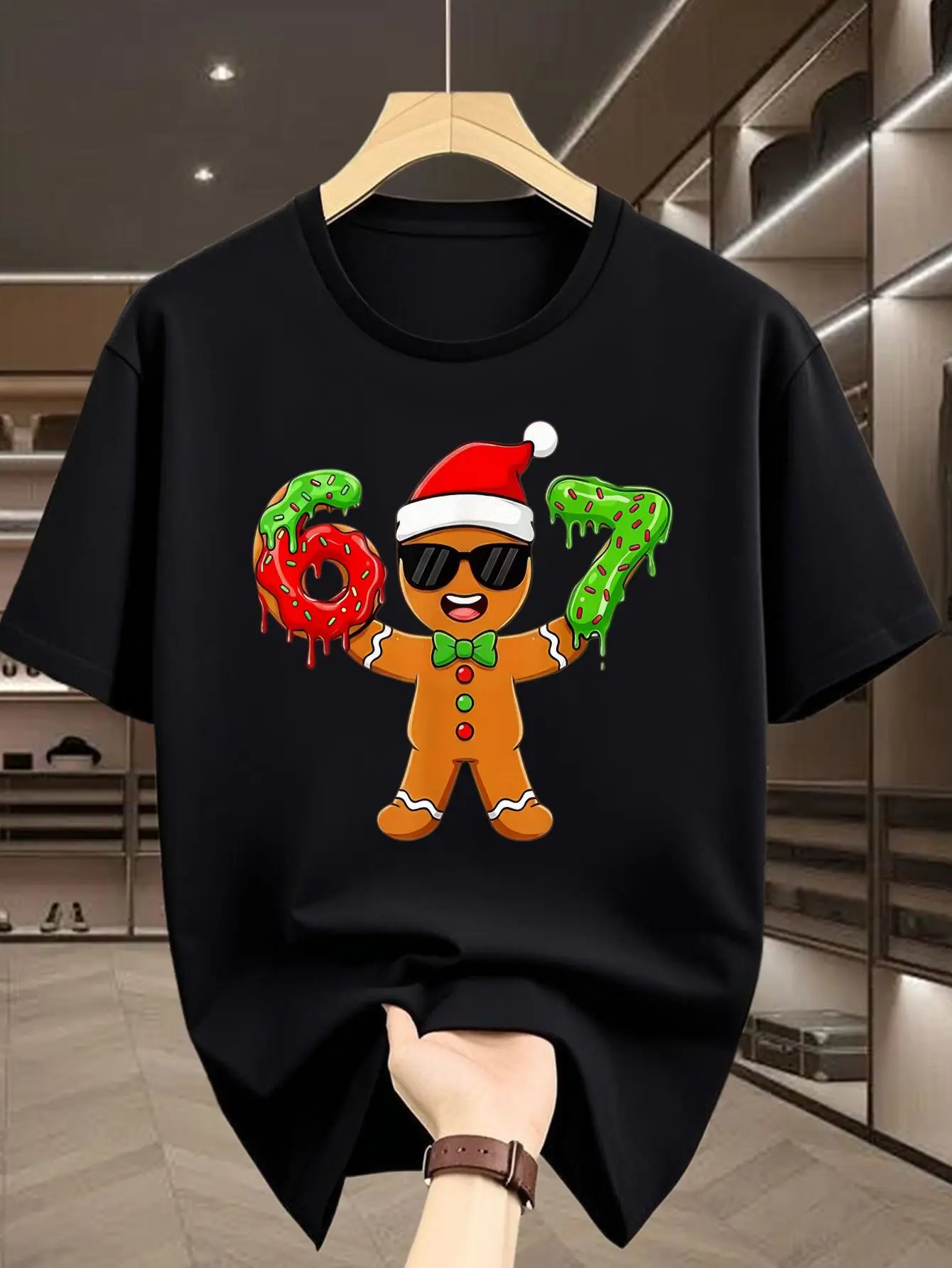 Cool Gingerbread Man With Santa Hat 67 Donut Print Mens Short Sleeve Tshirt Crew Neck Xmas Casual Outdoor Daily Comfort Wear