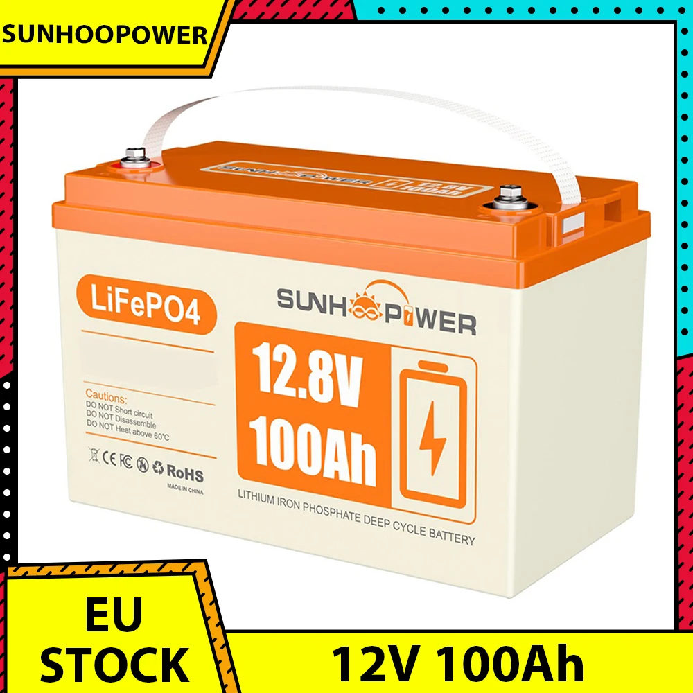 SUNHOOPOWER 12V 100Ah LiFePO4 Battery, 1280Wh Energy, Built-in 100A BMS, Max.1280W Load Power, Max. 100A Charge/Discharge, IP68