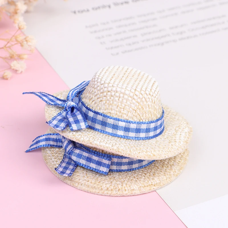 New 2Pcs Miniature Straw Hat Mini Doll Flocking Bow Hat Doll House Ornament Hand Weaved Dollhouse Accessories ID 3CM OD 6CM