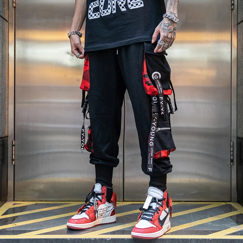 2023 Celana Kargo Pita Huruf Pria Jogger Hip Hop Celana Olahraga Celana Panjang Pria Techwear Kasual Jalur Saku Streetwear