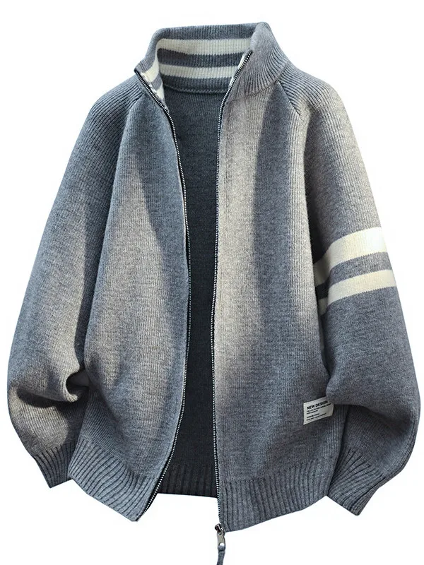 

2025 Autumn Winter Men's Knitted Zipper Cardigan Sweater Striped Stand Collar Trendy Polyester Fiber Medium Gauge Knitwear