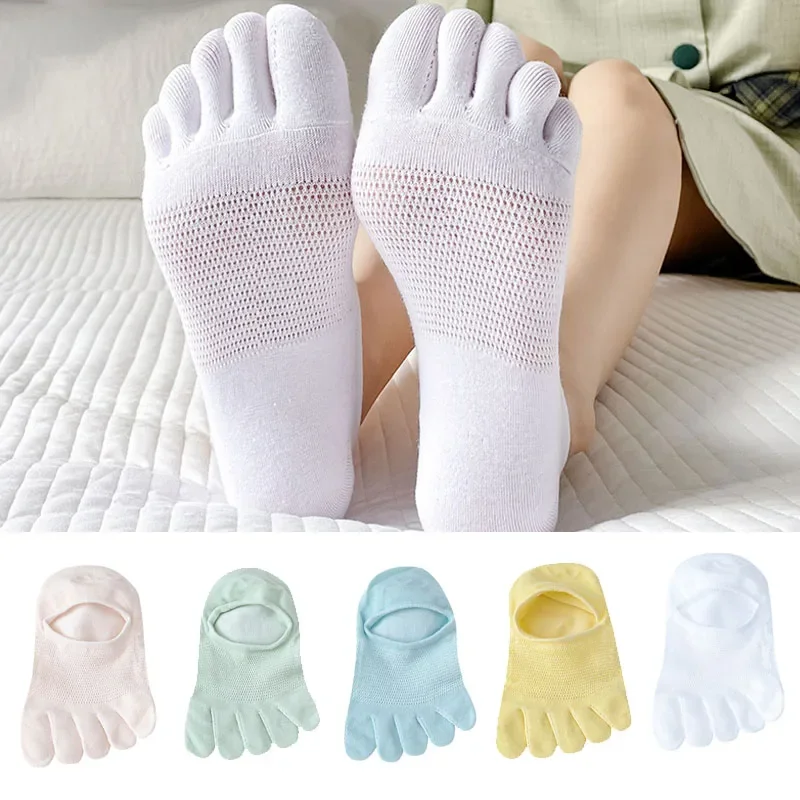 女性用コットンソックス,5本指,見えない,通気性のあるメッシュ,春と夏のファッション,2足