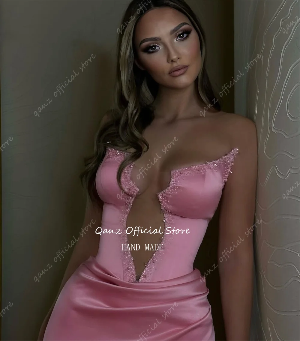 Qanz Pink Crystal Evening Dresses Sexy Sweetheart Mermaid Satin Dresses 2025 Women Backless Prom Dresses Luxury Customized