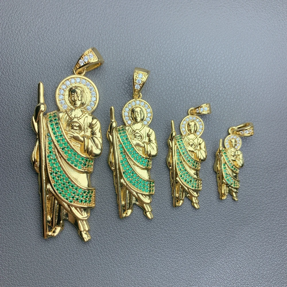 Religions Saint St Jude Thaddeus Pray Pendants Green Shiny Zircon Charms For Jewelry Making Women Men Necklace Accessories