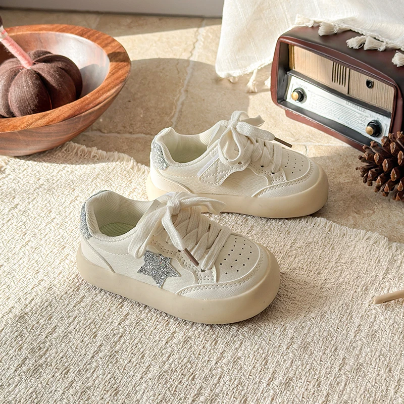 

2026 Spring Autumn Children Shoes KPOP Leather Breathable Kids Casual Shoes Star Non-slip Fashion Toddler Girls Boys Sneakers
