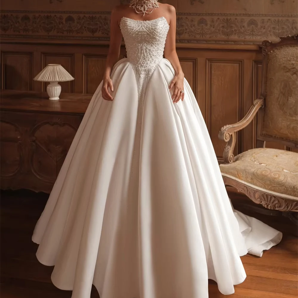 ชุดแต่งงานผู้หญิงแบบเซ็กซี่ สายเดี่ยว ไร้แขน ทรงเอไลน์ หรูหรา ยาวลากพื้น สำหรับงานเลี้ยง  ชุดเจ้าสาวแบบสั่งตัดได้