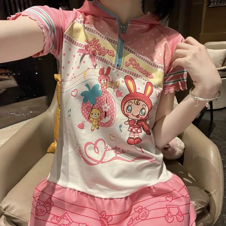 

Футболка с капюшоном и коротким рукавом Camisetas с мультяшным принтом, повседневные модные летние милые футболки 2025 Ropa Mujer, японские футболки, топы Y2k