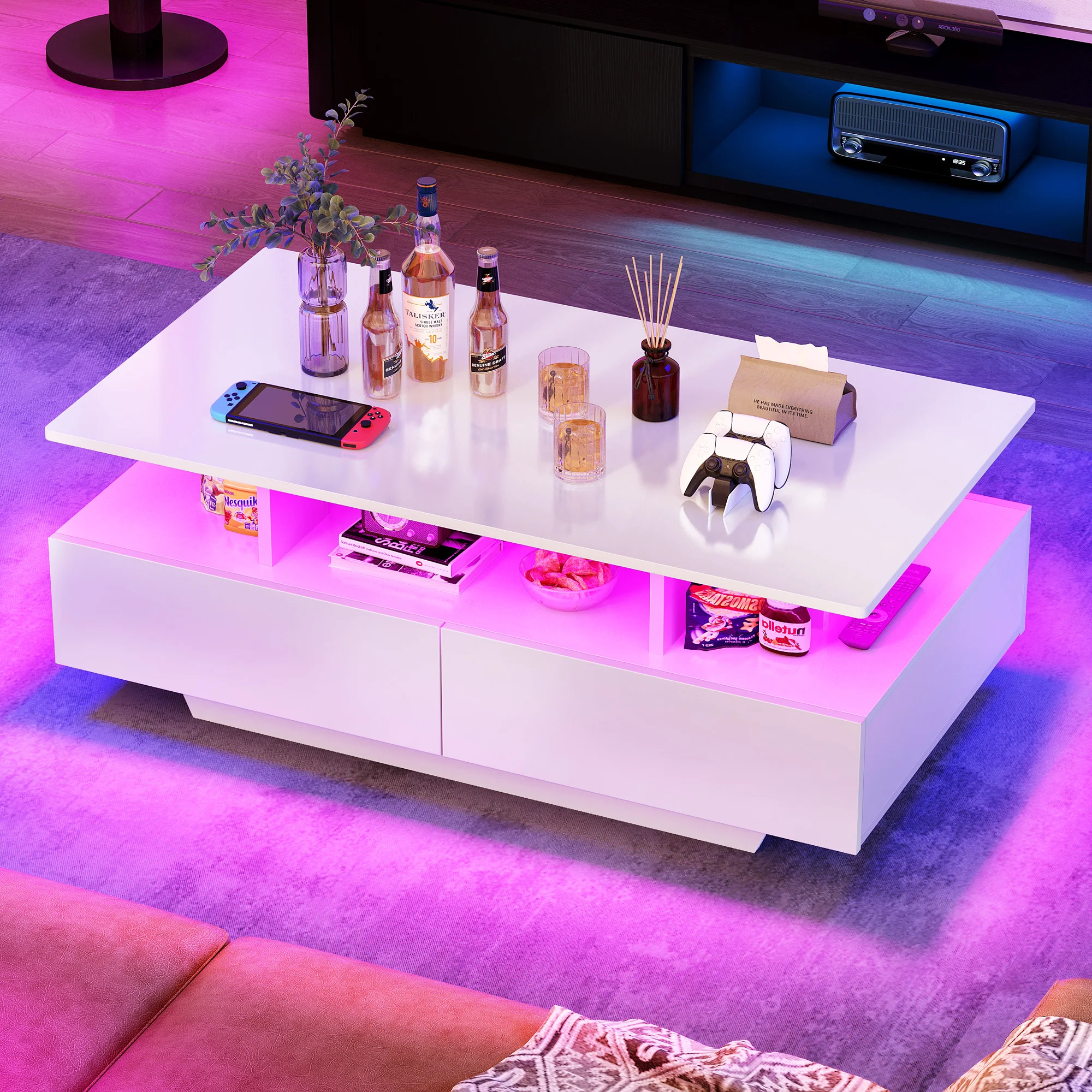 High Gloss Coffee Table Center Cocktail Table with LED Lights & Sliding Drawers