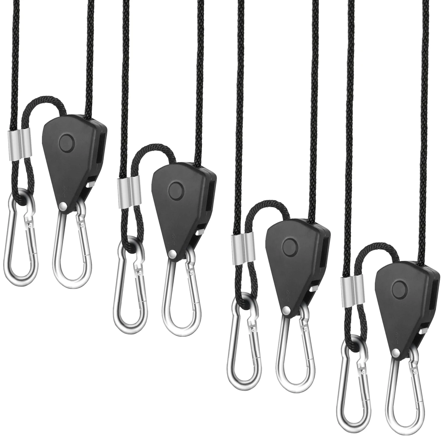 

4pcs 1/8 Inch 8Feet Long Heavy Duty Adjustable Rope Clip Hanger for Grow Kit Hanging Ratchet Canoe Bow Stern Tie Down Loos-Proof