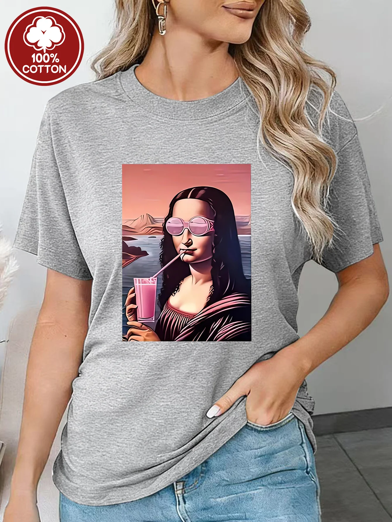 Mona Lisa Women's T-shirt Funny Sunglasses Beverage Printed Short Sleeves Spring/Summer Daily Wear Art Enthusiast Top