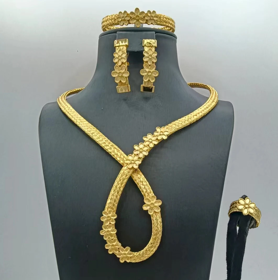 New In Dubai African Gold Plated Braided Flower Jewelry Set Women Necklace Earrings Bangle Ring Bridal Wedding Party Accessories