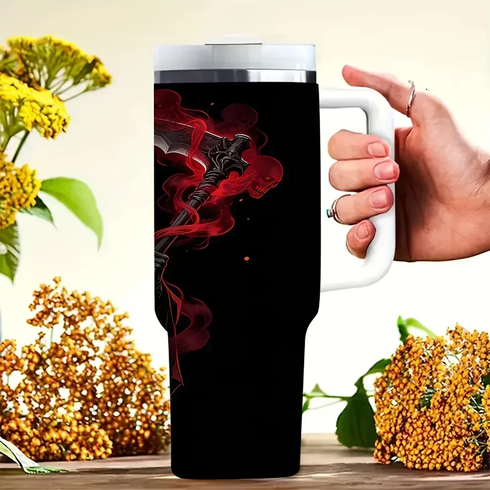 40Oz Grim Reaper Print Tumbler with Handle, Suitable for Horror Style Lovers, Perfect for Daily Use And Outdoor Trips, Works for Both Hot And Cold Drinks for All Occasions