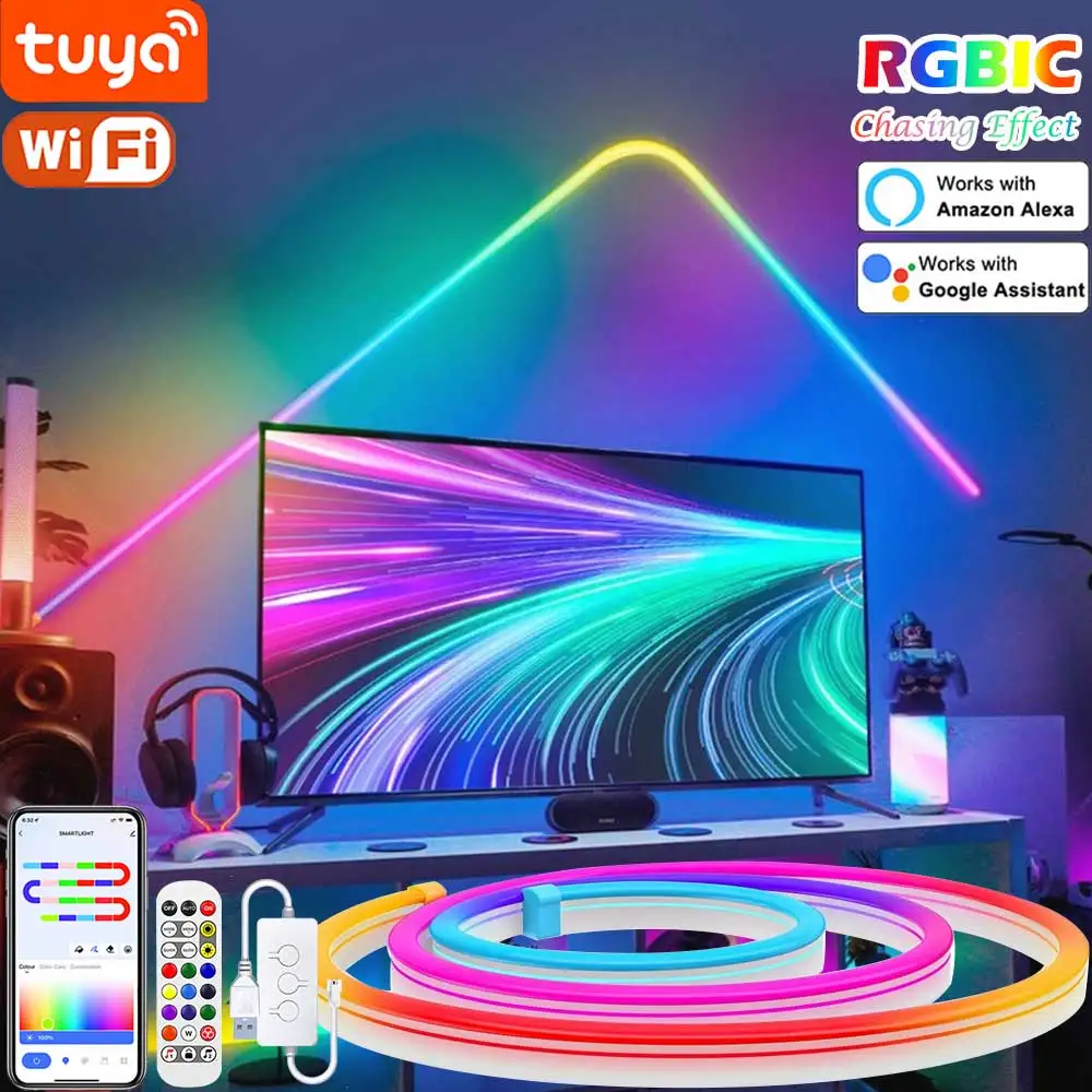 TUYA LED Neon Strip Light 5V USB 72LEDs/M Silikonowe neonowe światła linowe z synchronizacją muzyki RGBIC Dreamcolor Chasing Strip Tape do pokoju